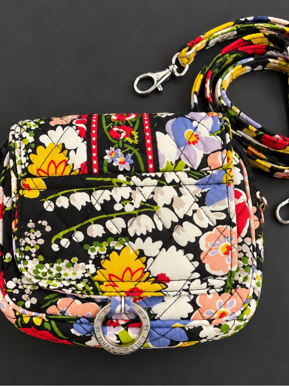 Vera Bradley Floral Quilted Mini Crossbody Bag Purse Black Multicolor